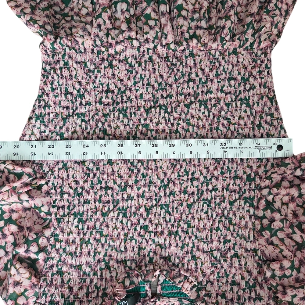 Lulus Floral Forever Green Pink Floral Fairy Cottage Smocked Skater Dress M - Picture 4 of 6